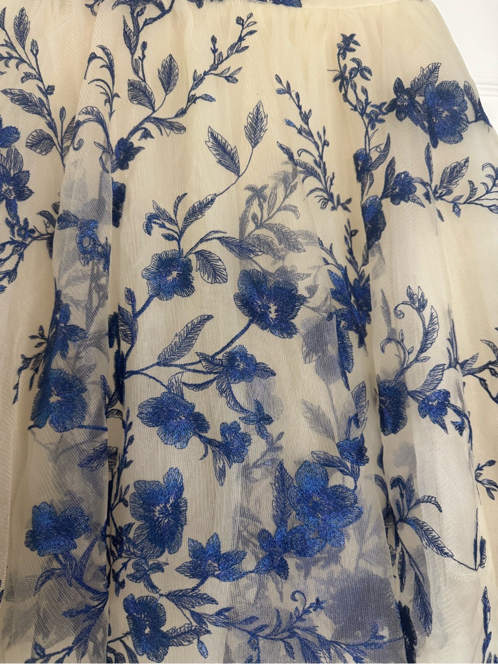 Marchesa NotteStrapless Floral Dress in Cream Tulle with Blue Embroidery - Picture 5 of 10
